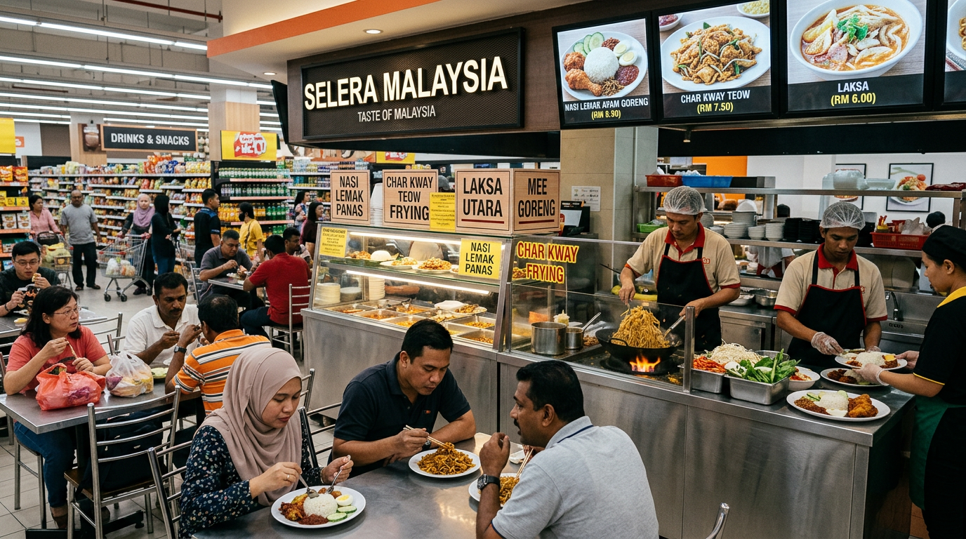 Pusat makanan dalam MegaMart dengan pelbagai pilihan hidangan Malaysia